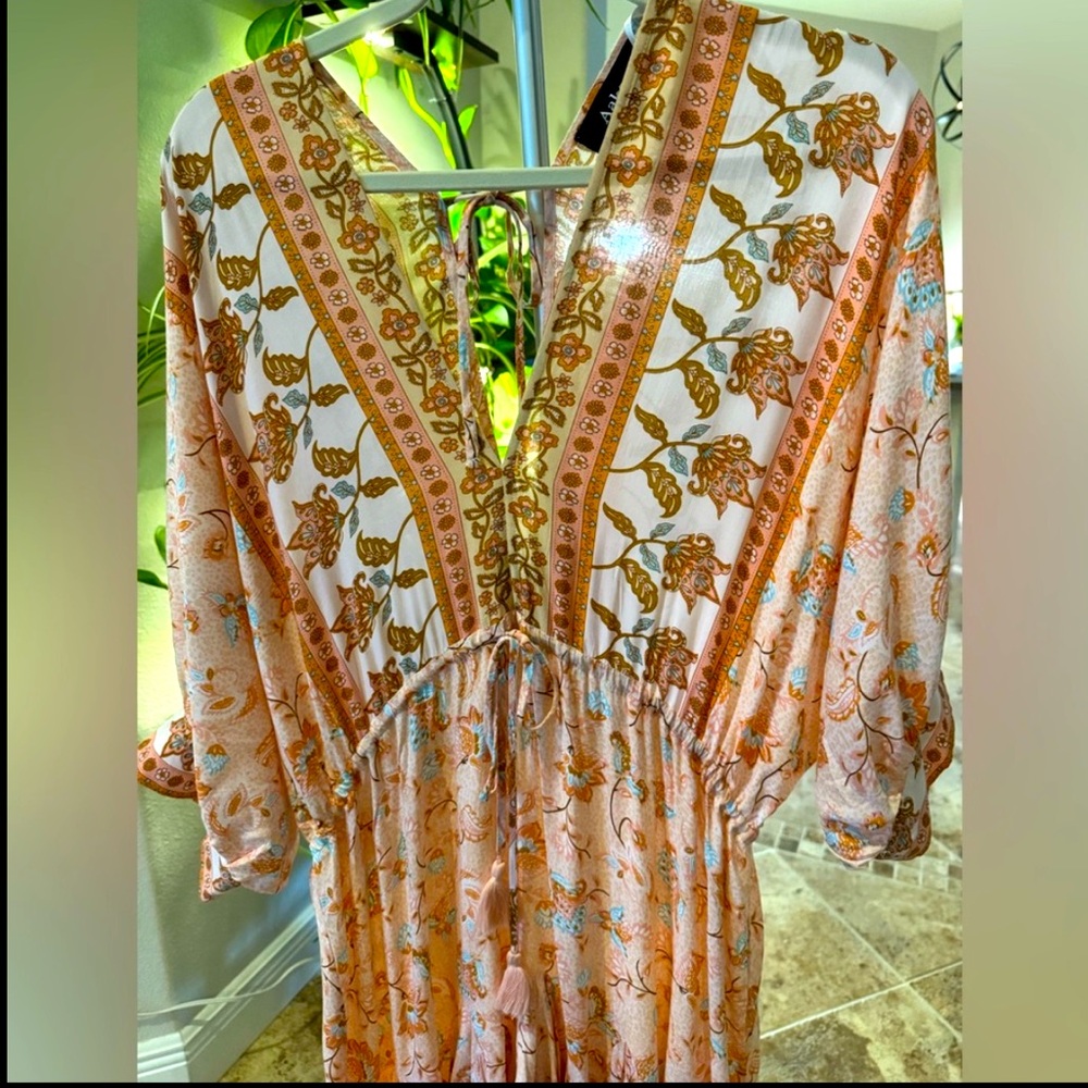 NWOT Aakaa Anthro Women’s Peach Floral Print Ruffled Kimono 3/4 Sleeve Dress L - Picture 8 of 9